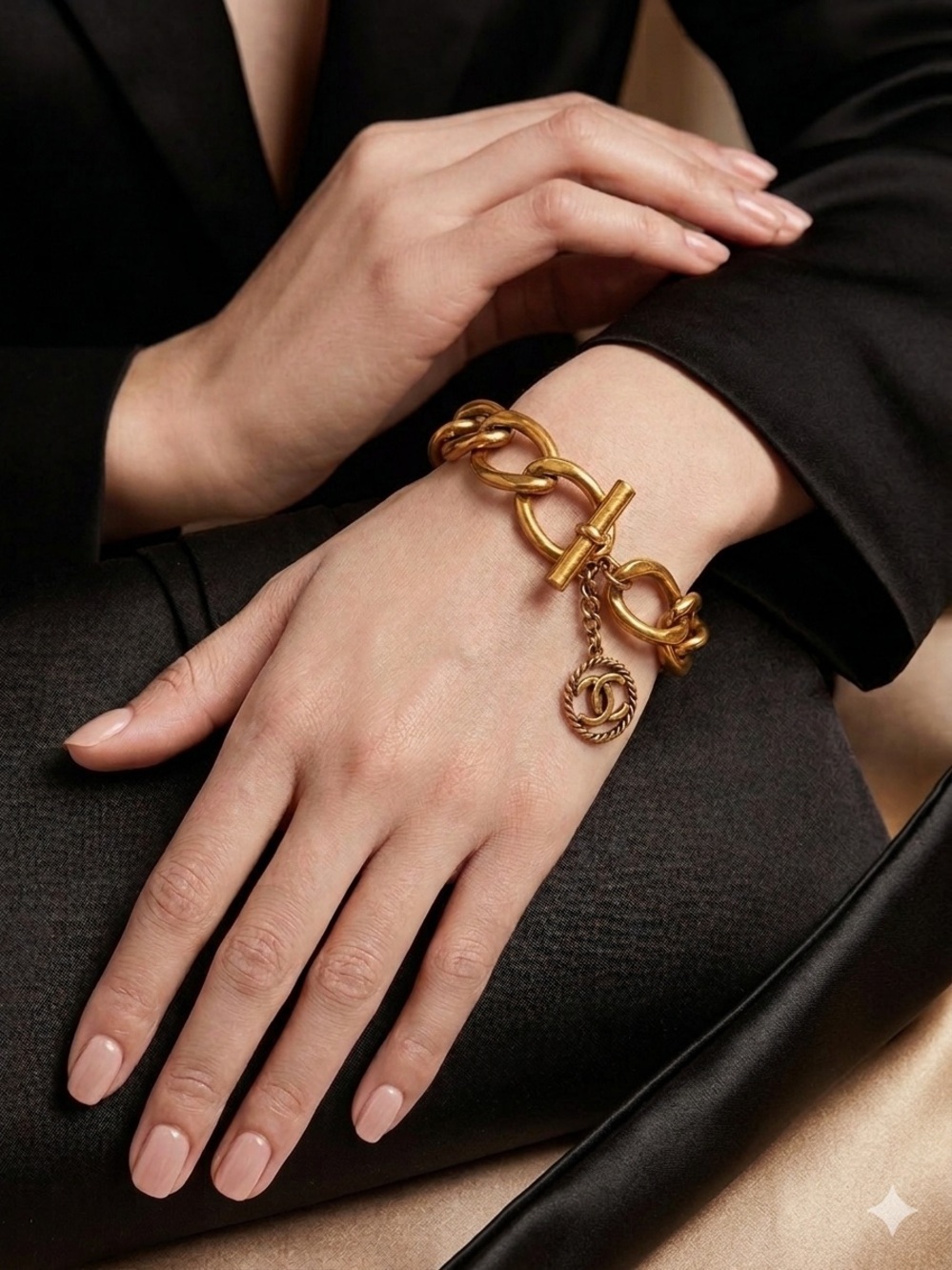 Chanel 24K Gold Plated Chunky Chain Link Toggle Bracelet with CC Charm w/ COA